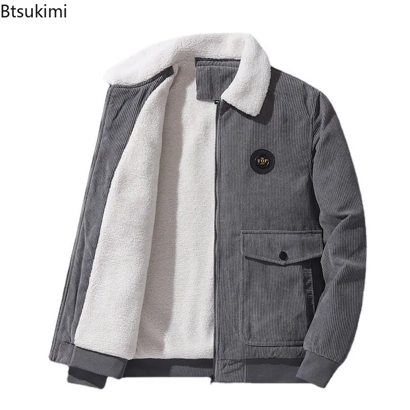2023 Autumn Winter Men's Fleece Warm Thick Jackets Fur Collar Corduroy Coat Men Autumn Outwear Military Casual Jacket Men 5XL
