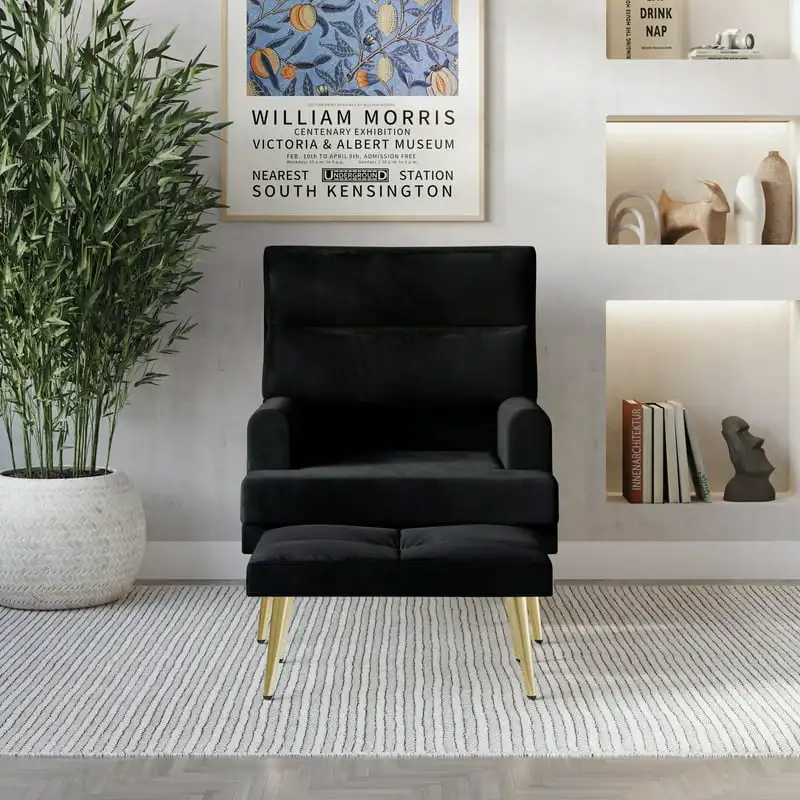 

Luxury Upholstered Velvet Accent Chair with Ottoman, Black