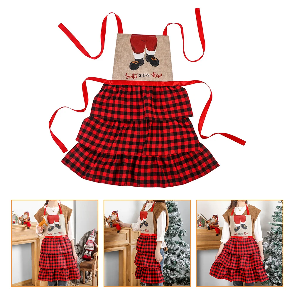 

1Pc Christmas Santa Clause Printed Apron Plaid Cloth Home Restaurant Shop Apron