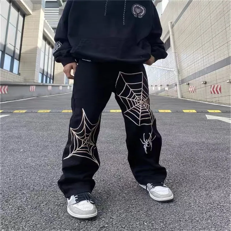 Jeans, American, High Street, Hip Hop, Men, Loose, Straight, Wide Leg Pants, Design, Spider Web, Print, Denim Trousers