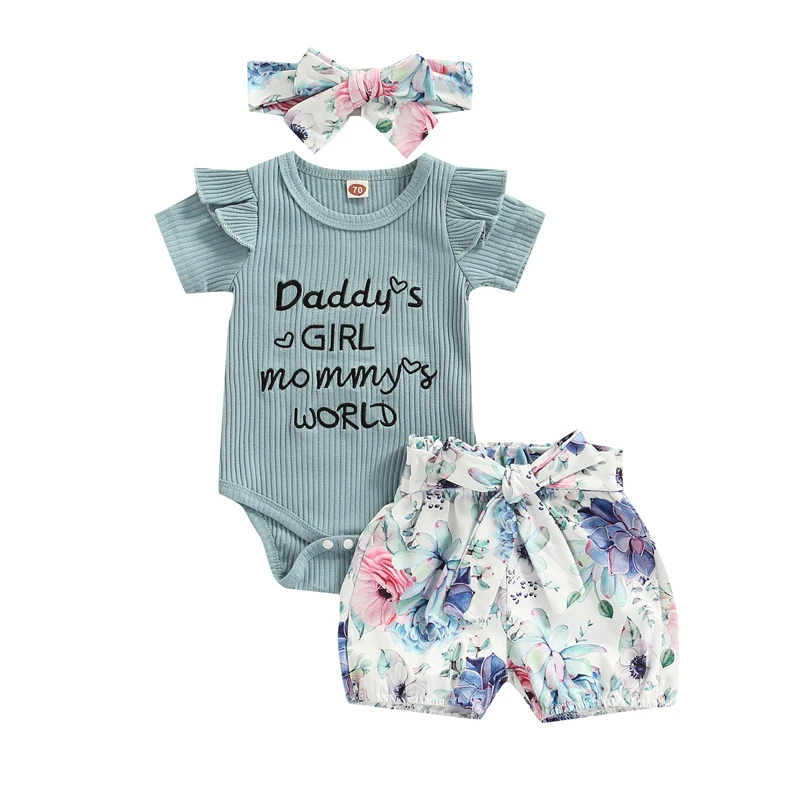 

3PCS Baby Girls Romper Suit, Ribbed Letter Short Sleeve O-Neck Ruffle Romper Flower Short Pants with Waist belt Bow Headband