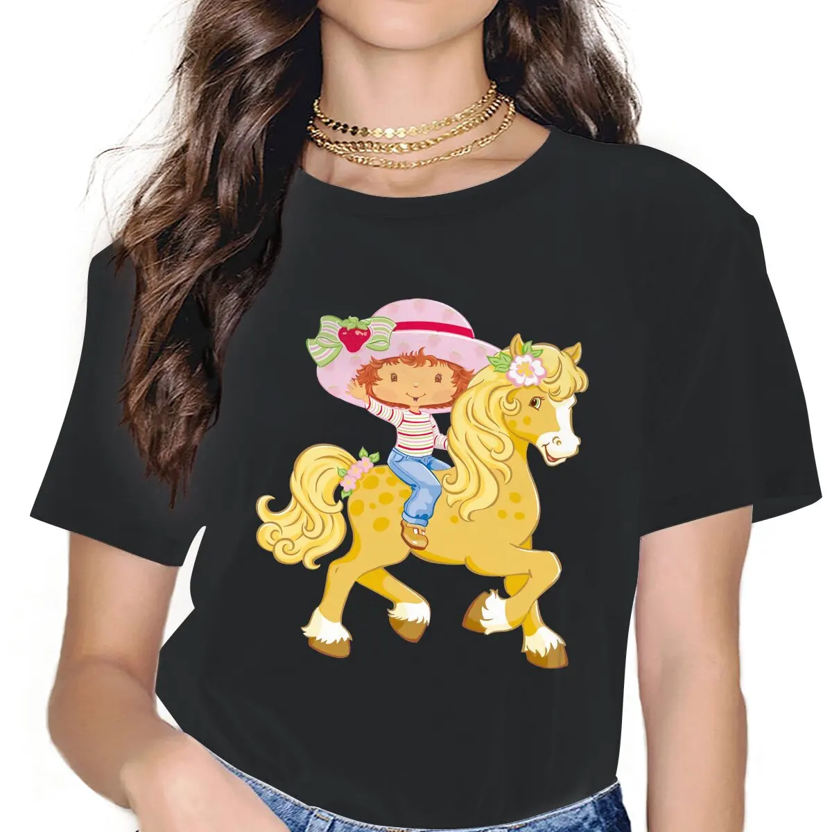 

Классическая Милая женская футболка с лошадью для девушек, клубника, короткий торт, ТВ 5XL Blusas Harajuku, повседневные винтажные Топы с коротким ру...