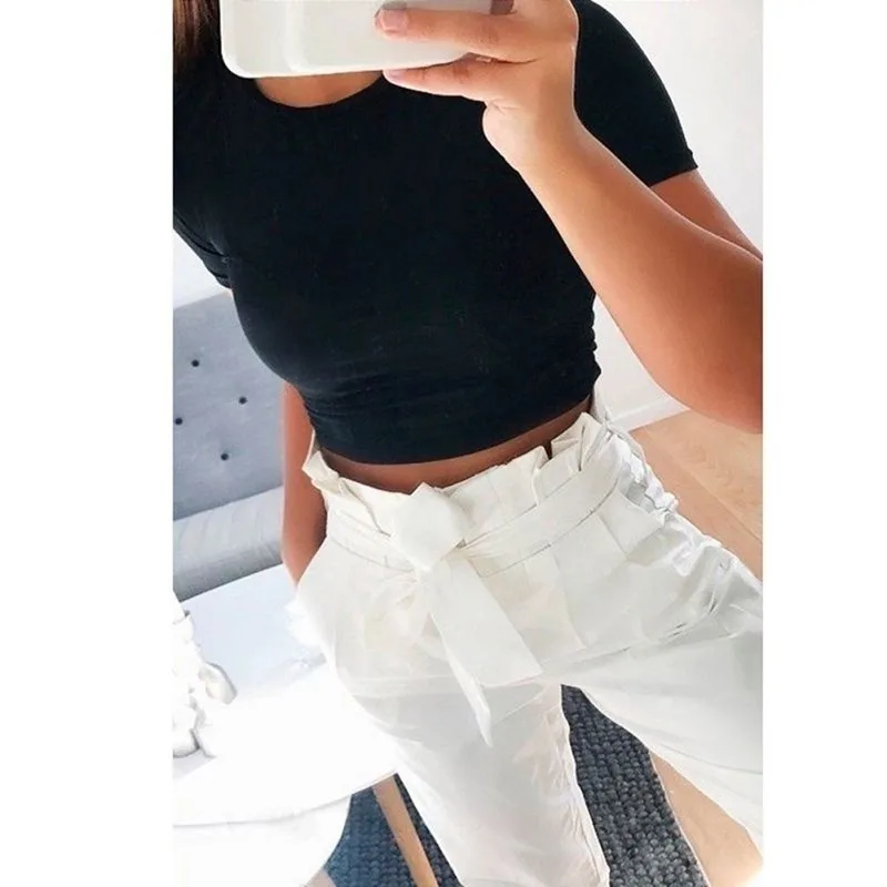 

Summer Women Fashion Crop Top Shirt Solid Color O-Neck Short Sleeve T-shirt Casual Tees Basic Black White