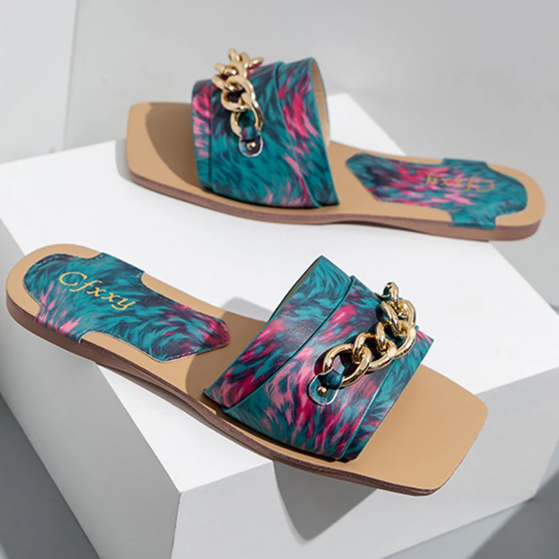 

Women Slippers Square Head Sexy Colorful Upper Open Toe Large Size 42 Sandals 2021 Summer Western Style Flat Shoes Women Shoes