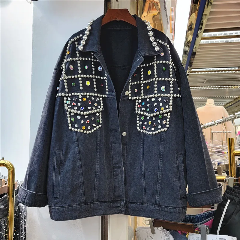 

Spring Heavy Work Beaded Diamond Black Denim Jacket Casual Loose Streetwear Fashion Autumn Female Clothes Long Sleeve Jeans Coat