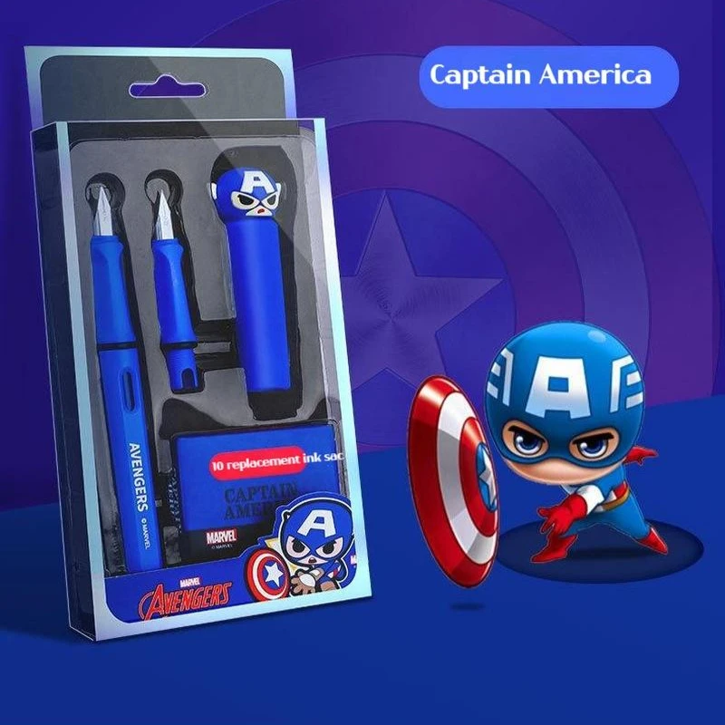 

Набор сменных чернильных ручек с героями Диснея Marvel, Капитан Америка, Человек-паук, Детские Мультяшные инструменты для письма, школьные канцелярские принадлежности