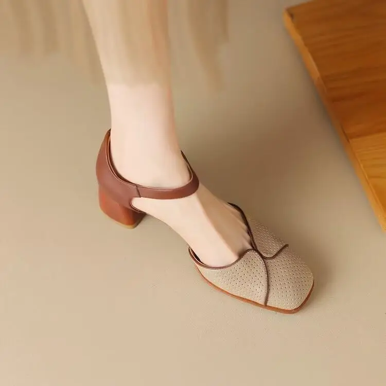 

2023 Sandals Female Shoe High Heels Buckle New Girls Beige High-heeled Low Closed Clear Comfort Retro Block Summer Multicolored