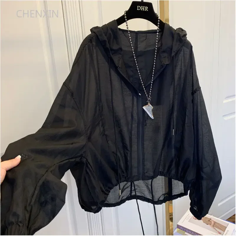 

Jackets Women Hooded Summer Sun-proof Zipper Coats Thin Loose See Through Outerwear Breathable Outwear Lightweight Clothes Black
