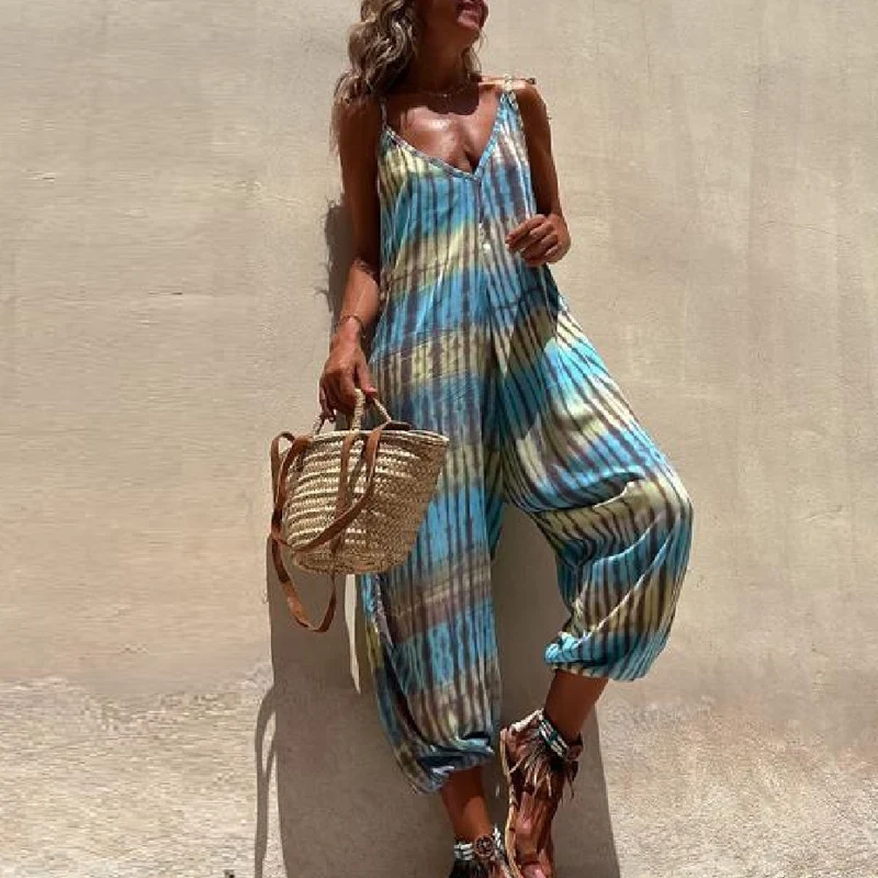 

2023 New V-Neck Sleeveless Beach Jumpsuit Casual Women Off Shoulder Strap Playsuits Sexy Hollow Out Printed One Piece Playsuits