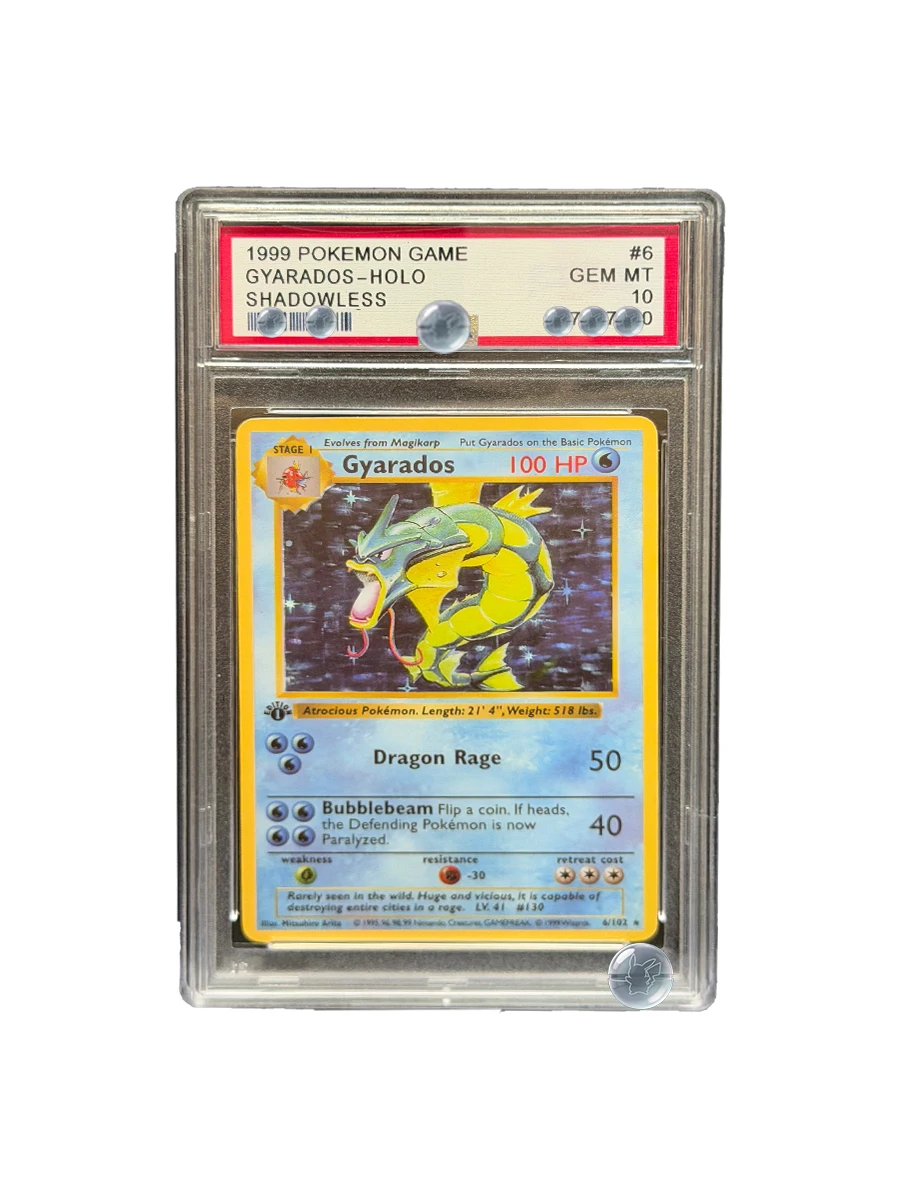Фото Коллекционная карта POKEMON GAME GYARADOS-HOLO SHADOWLESS DIY Proxy PTCG 1999 года, оцененная, с особым дизайном, редкая, GEM MT, 10 карточек, подарки с этикетками №3