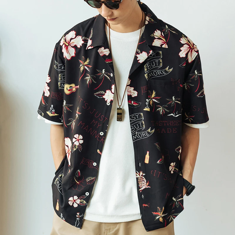 

2022 Summer Hawaiian Streetwear Beach Shirts Black Apricot Cute Coconut Tree Graffiti Button Up Shirt Loose Blouses Kawaii Tops