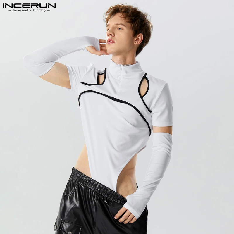 

2023 Men Bodysuits Hollow Out Patchwork Zipper Lapel Long Sleeve Rompers T Shirts Men Streetwear Sexy Fashion Bodysuit INCERUN 7