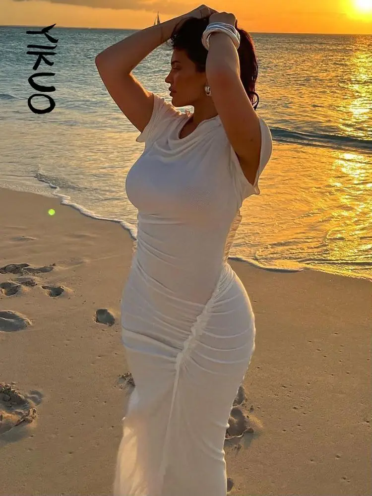 

YIKUO Casual Fashion White Solid Long Dress Summer Holiday Outfits for Women Short Sleeve Maxi Dresses Elegant Vestido White