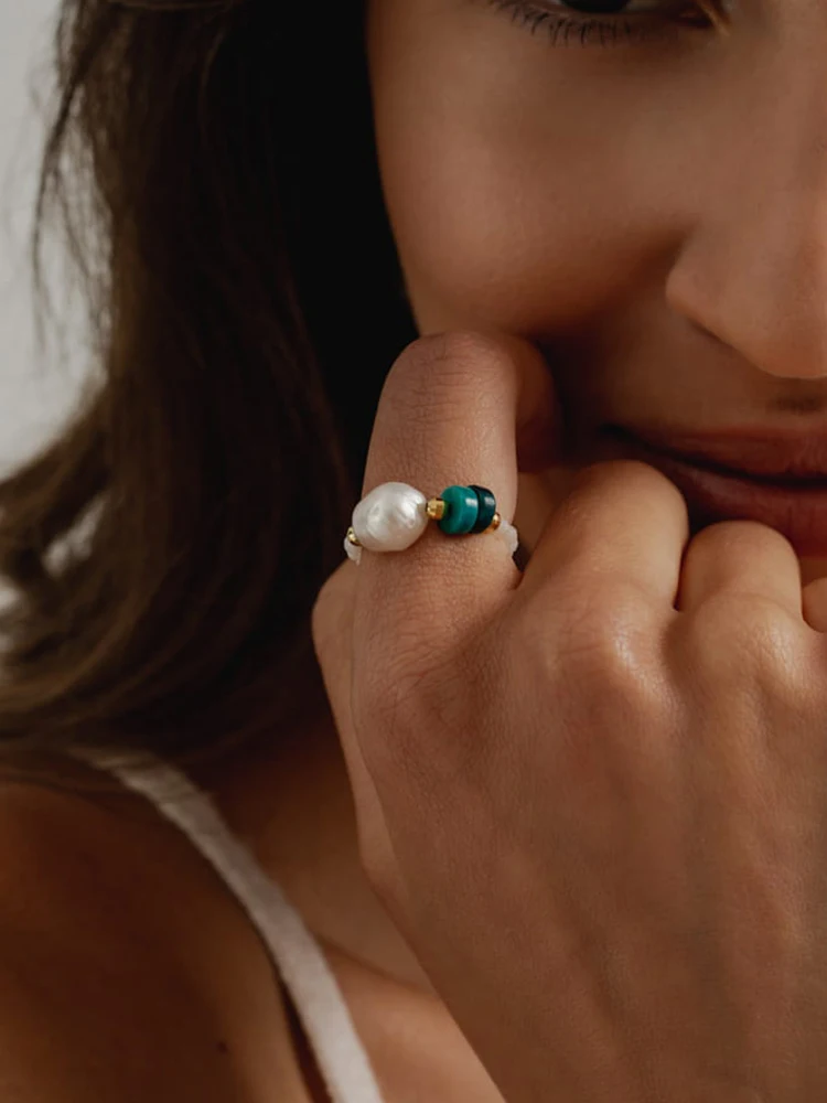 

Aesthetic Natural Stone Female Rings Freshwater Baroque Pearl Ring White Crystal Beads Lapis Lazuli Tiger Eye Jewelry Bride Gift