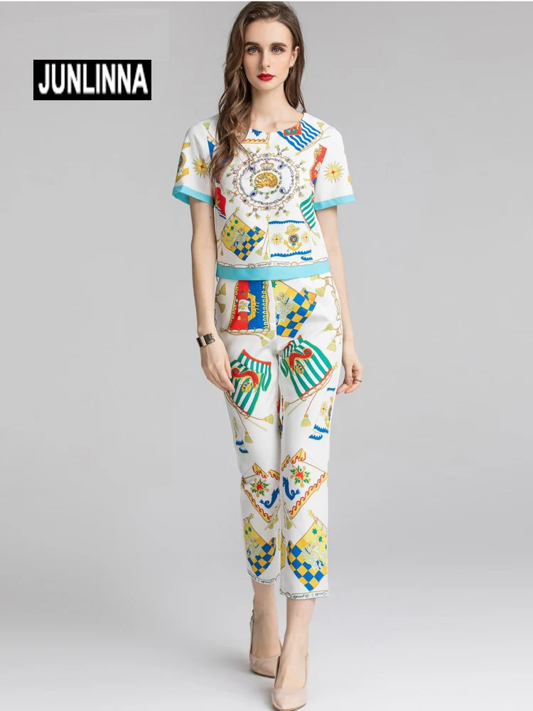 

JUNLINNA Fashion Runway Women Two Piece Set 2022 Summer Sweets Printed and Rhinestone Beading T-Shirt+Trousers Pants Suit