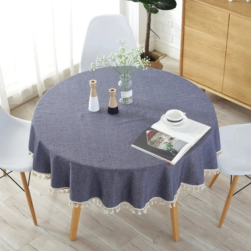 Japanese Style Tablecloth Simple Cotton Linen Tablecloth Round Plain Solid Color Light Gray Navy Blue Tassel Meal