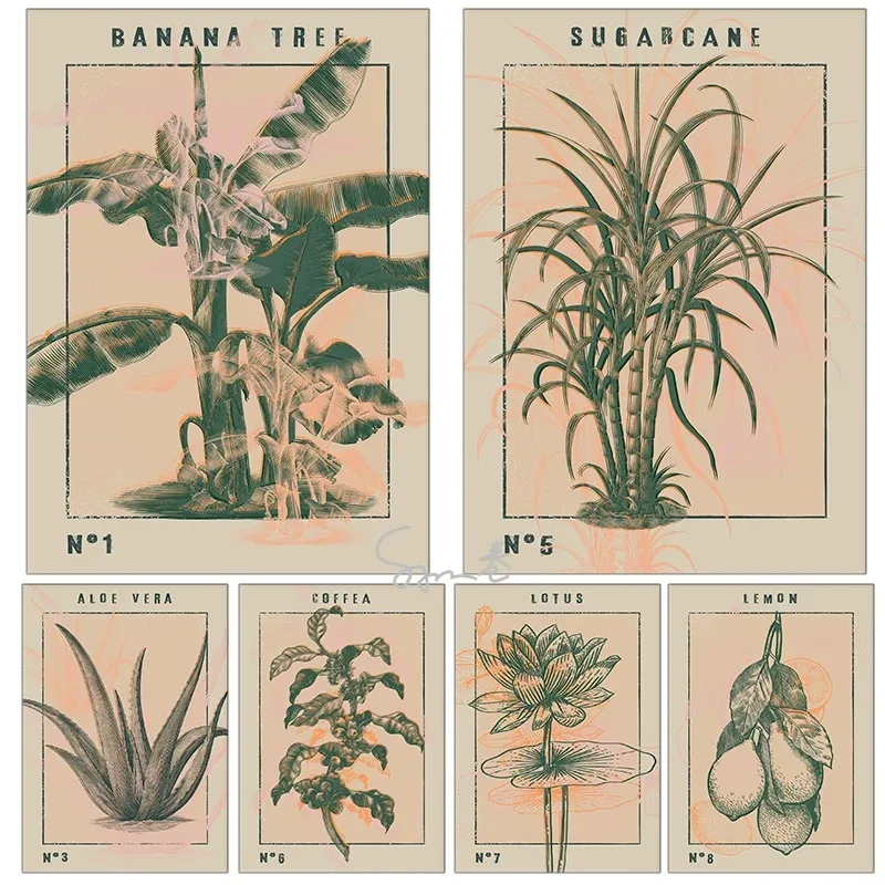 Абстрактный постер с растениями и цветами в стиле ретро классический стиль холст