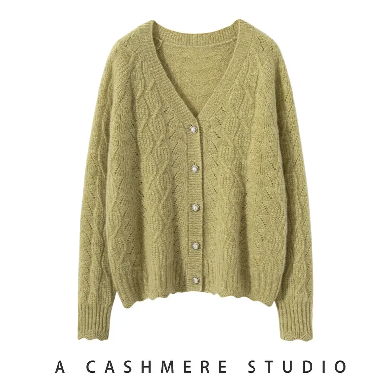 Весна и осень 2023 новый вязаный кардиган с v-образным вырезом ромбовидной вышивкой