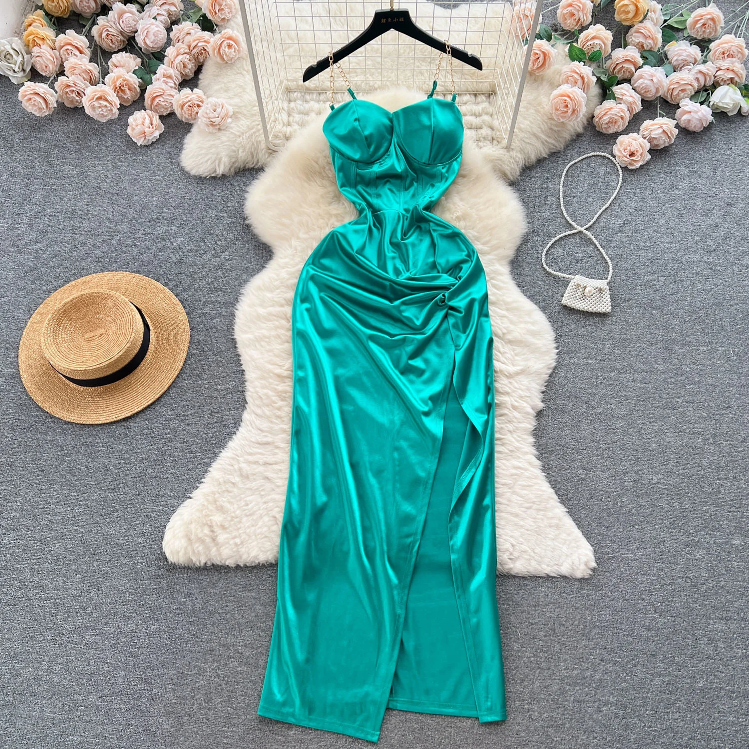 

Sexy Chain Spaghetti Strap Satin Dress Women Summer Sexy Elegant Sleeveless Slim Waist High Split Evening Night Club Maxi Dress