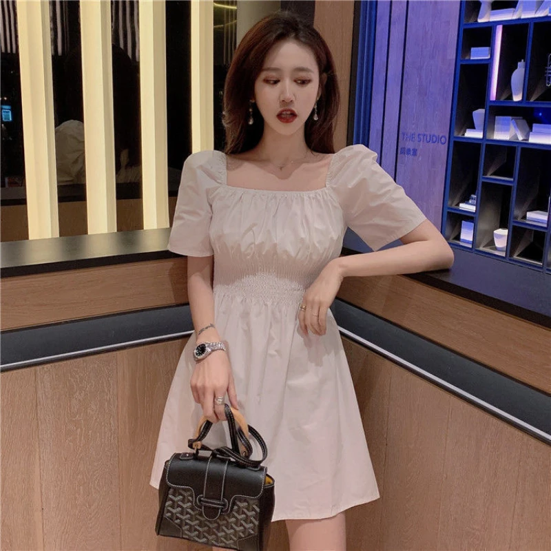 

Summer Square Collar Waist White Dress A-line Short Little Black Dress Korean Version Ladies First Love Dating Women's Clothing