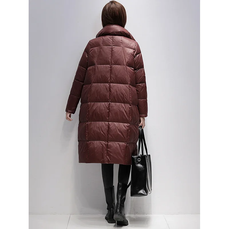 Fashionable Women's Mid-length Winter Down Jacket New Style Pure Color White Duck Down Warm Zipper Stand Collar Korean Coats