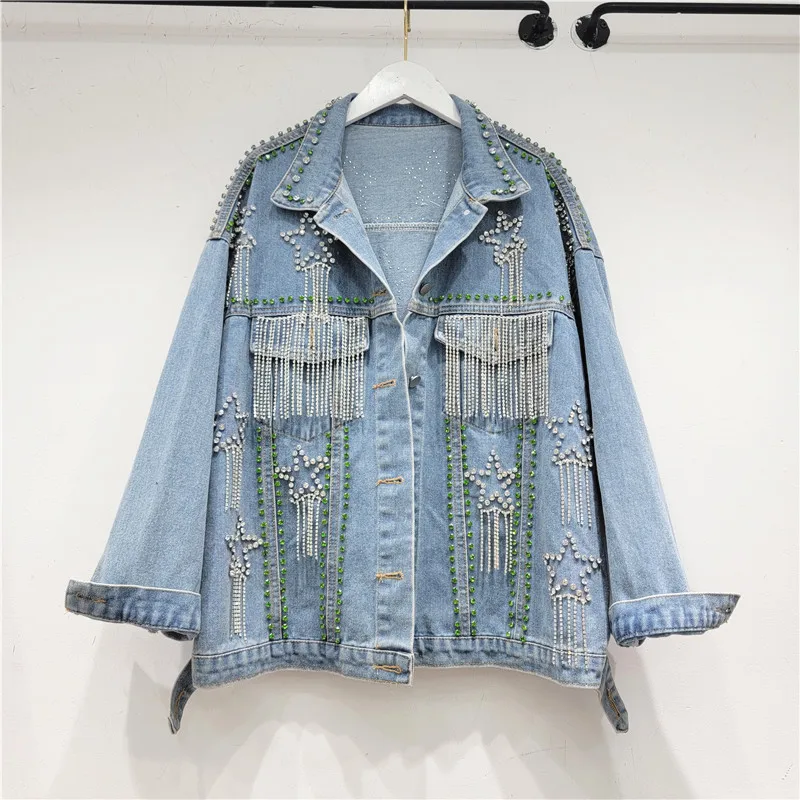 

2023 New Fall Heavy Industry Nail Five-Pointed Star Denim Jacket Women's Loose BF Korean Style Jeans Coat Girls Loose Jackets