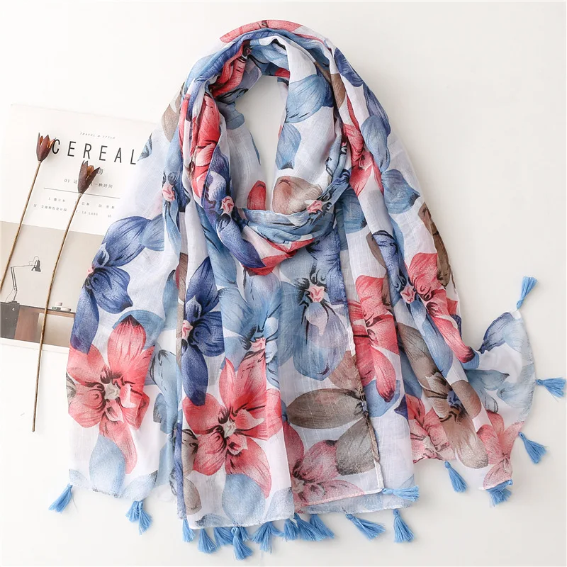 Женский длинный хиджаб с цветочным принтом шарф кисточками и 2023
