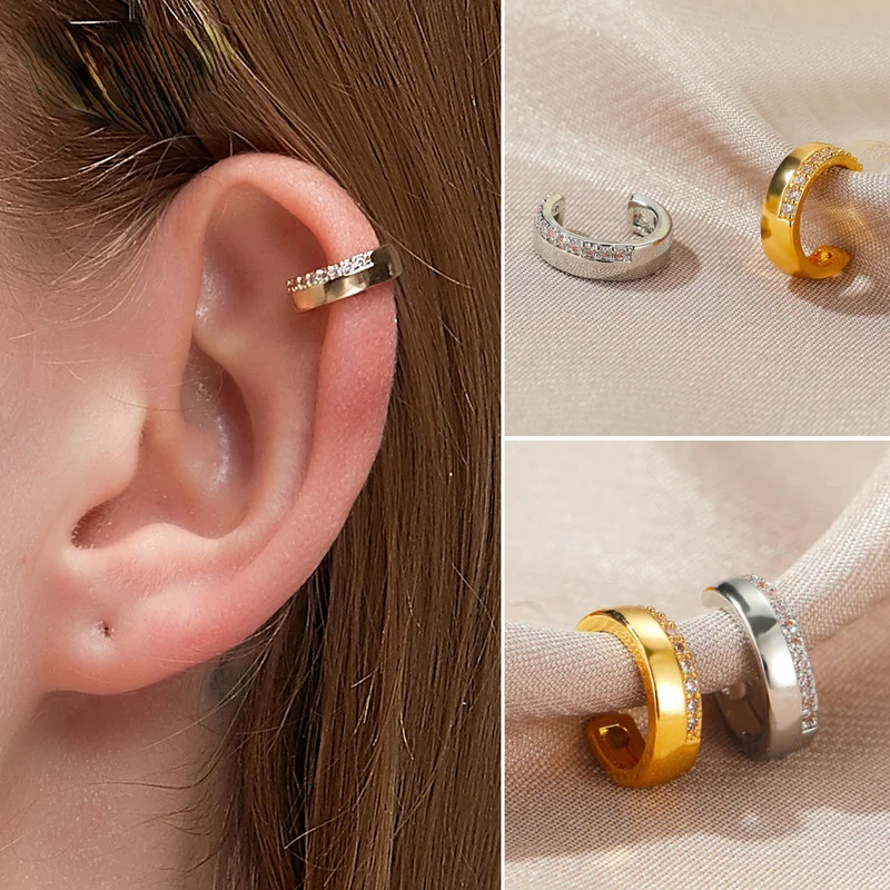 

Glossy Surface C-shape Rhinestone Simple Copper Ear Cuff Non Pierced Clip Earrings for Women Girl