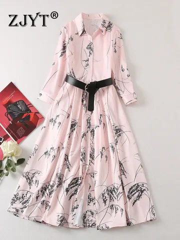 ZJYT модельное модное весеннее платье-рубашка средней длины с принтом для женщин 2023 элегантное женское однобортное Повседневное платье с длинным рукавом и поясом