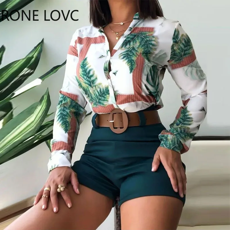 

Women Plants Print Tops Stand Collar Solid Bottom Sashes Long Sleeves Fashion Sexy Short Sets