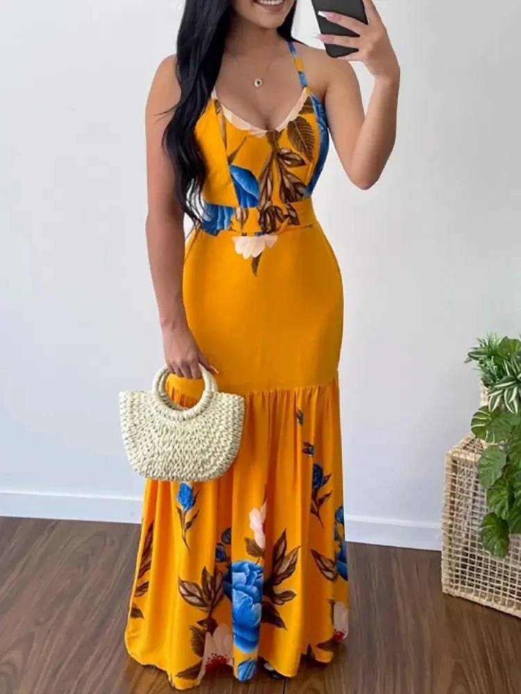 

Женское летнее платье-макси Mandylandy с цветочным принтом, перекрестными лямками и открытой спиной, модное женское богемное платье Y2K с V-образн...