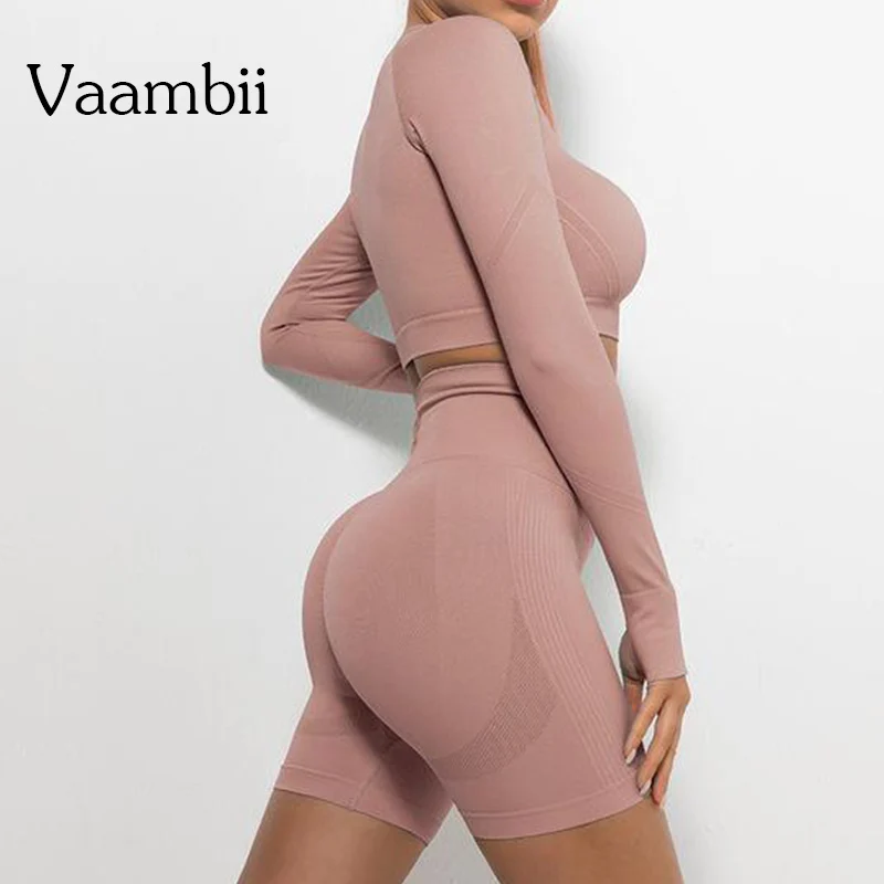 

2022 Workout Clothes For Women Seamless Yoga Set Long Sleeve Crop Top Suits With Shorts Gym Set Suit Sports Fitness Clothing