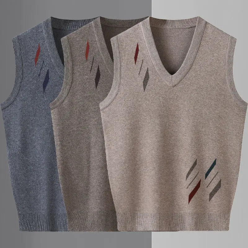 

New Arrival Trendy Sweater Vest Elderly V Neck Thermal Knitwear Pullover Contrast Color Men Autumn and Spring Sweaters G26