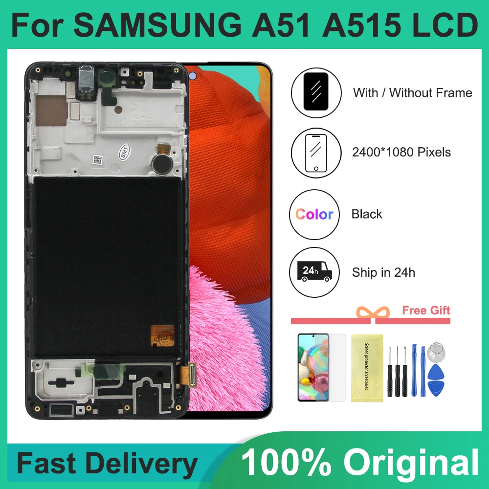 

ЖК-дисплей 6,5 дюйма Super AMOLED A51 со сканером отпечатков пальцев, для Samsung Galaxy A51 A515 A515F, сенсорный экран, дигитайзер с рамкой