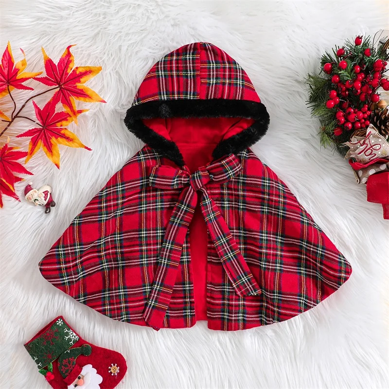 

Рождественская одежда для маленьких девочек, платье с расклешенными рукавами, накидка с лацканами, шаль, одежда с Санта-Клаусом, платье для младенцев с красным бантом и накидкой с капюшоном