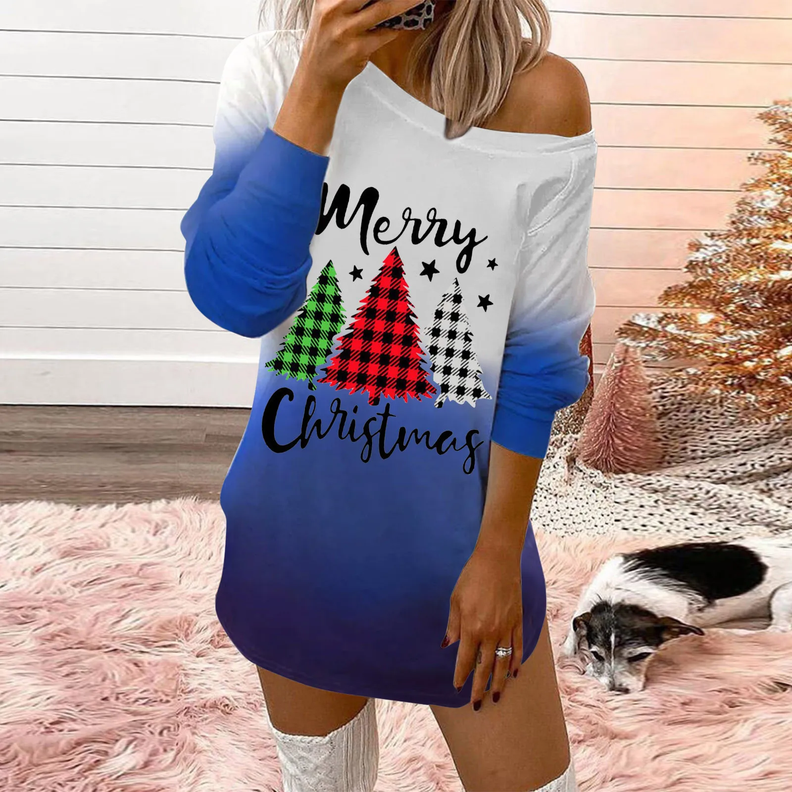 

Women Merry Christmas Easy Print O-Neck Off-Shoulder Long Sleeve Sweatshirt Dress