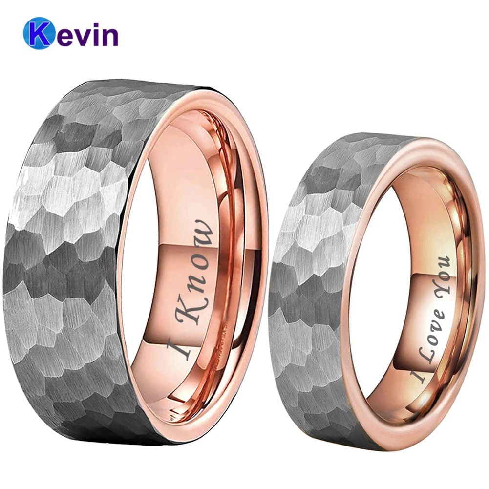 

6MM 8MM Women Men Wedding Band Two Tone Rose Gold Tungsten Hammer Engagement Couple Ring I Love You I Know Engraved Comfort Fit