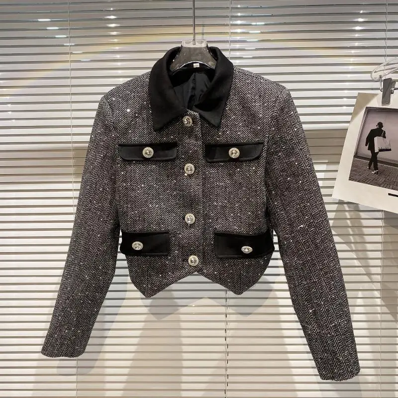 

Xiaoxiangfeng Female Outwear 2022 New Spring Turn-down Collar Sequins Tweeds Short Jacket Full Sleeve Women Trendy Coat Autumn