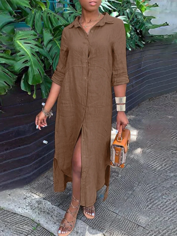 Женское однотонное платье-блузка с откидным воротником на пуговицах