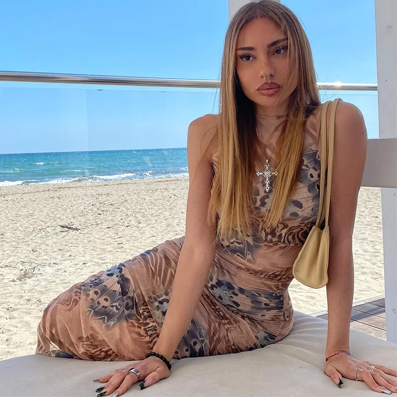 

Женское облегающее платье без рукавов, новое модное платье с принтом, круглым вырезом и оборками, лето 2023