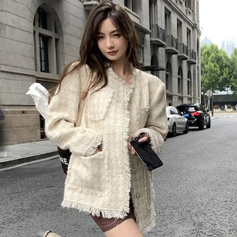 

Fashion Short Plaid Fringe Casual Outerwear Women 2023 Autumn Coat New Round Neck Long Sleeve Loose Tassel Raw Edge Tweed Jacket