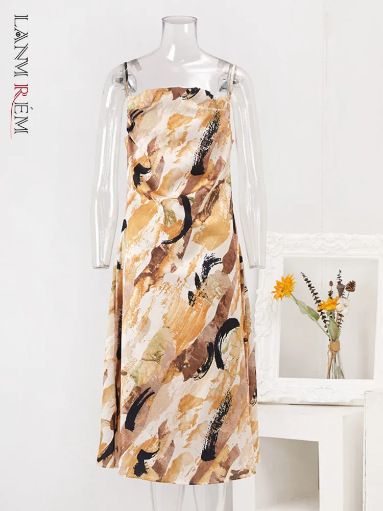 LANMREM Printed Sling Dress For Women Off The Shoulder Sleeveless Slim A-line Dresses High End Designer 2023 Summer New 2YA3420