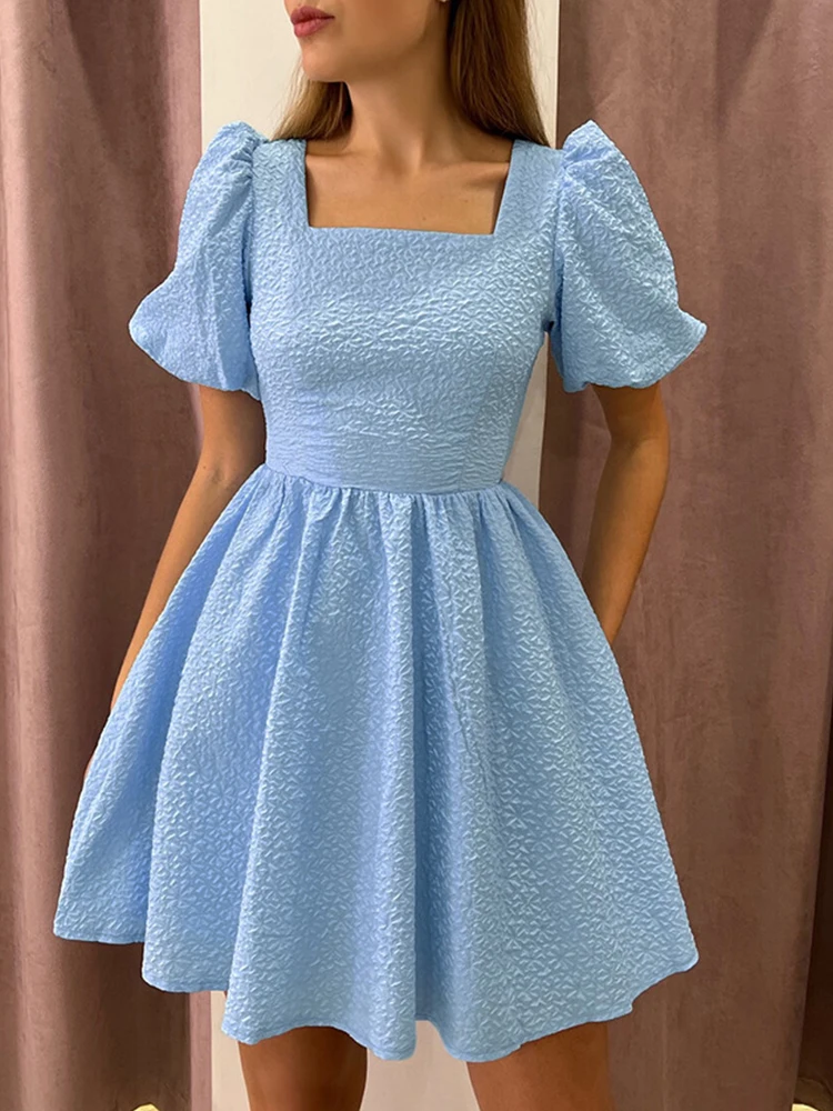 

Spring Square Collar High Waist Party Dress Women Criss-cross Backless Bandage Mini Dress Summer Puff Sleeve Hem Office Dresses