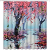 red maple tree shower curtain autumn forest fallen leaves river nature scape waterproof fabric bathroom bath curtains with hooks