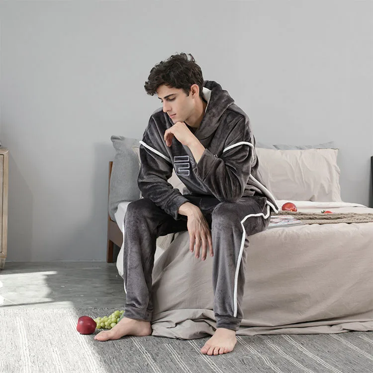 2021 New Hooded Flannel Men's Pajama Pants 2 Pieces/Set Winter Thick Warm Sleepwear For Couples Casual Loose Home Costumes Set