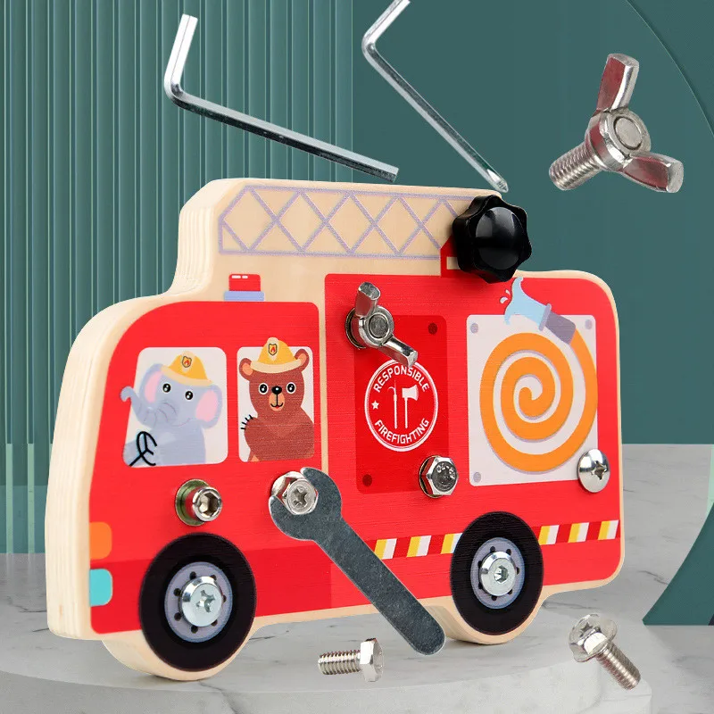 

Montessori Wooden Fire Truck Screw Nut Busy Board Toys Disassembly Combination Tool Fine Motor Training Kids Educational Toys