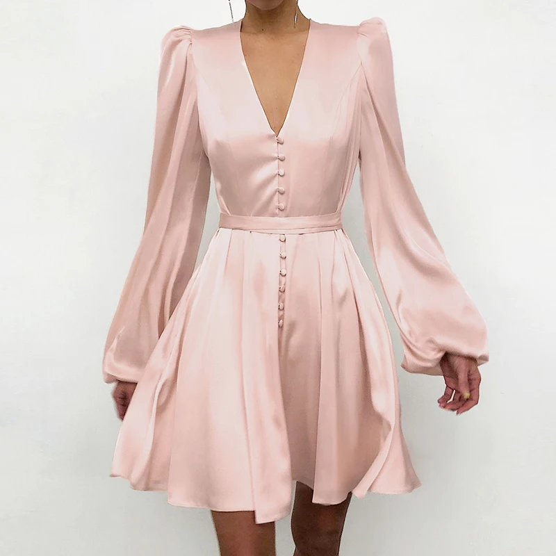 

2021 Elegant Women Button A-Line Mini Dres Spring Fashion Satin Pink Long Sleeve Dresss Casual Loose V-Neck Party Dress Vestido