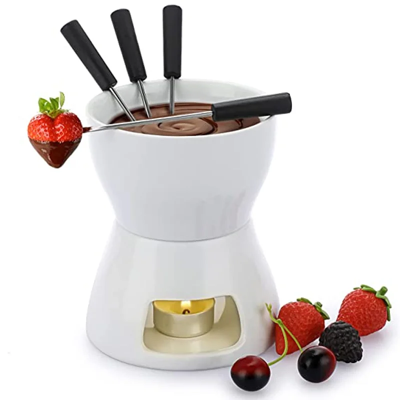 

DIY Chocolate Fondue Set 400ml Ceramic Butter Warmerswith 4 Forks Used for Cheese Chocolate Butter Caramel Icecream Melting