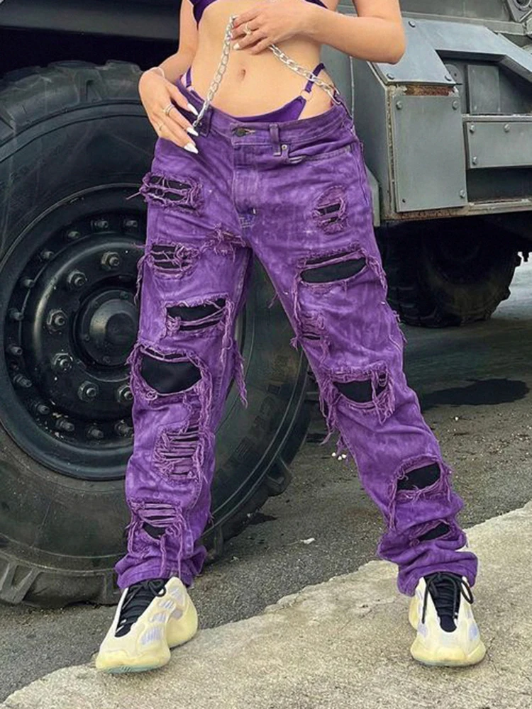 

WeiYao Purple Holes Ripped Jeans Women 2022 Vintage Aesthetic Grunge Y2K Streetwear Low Waist Straight Denim Bottom Trousers