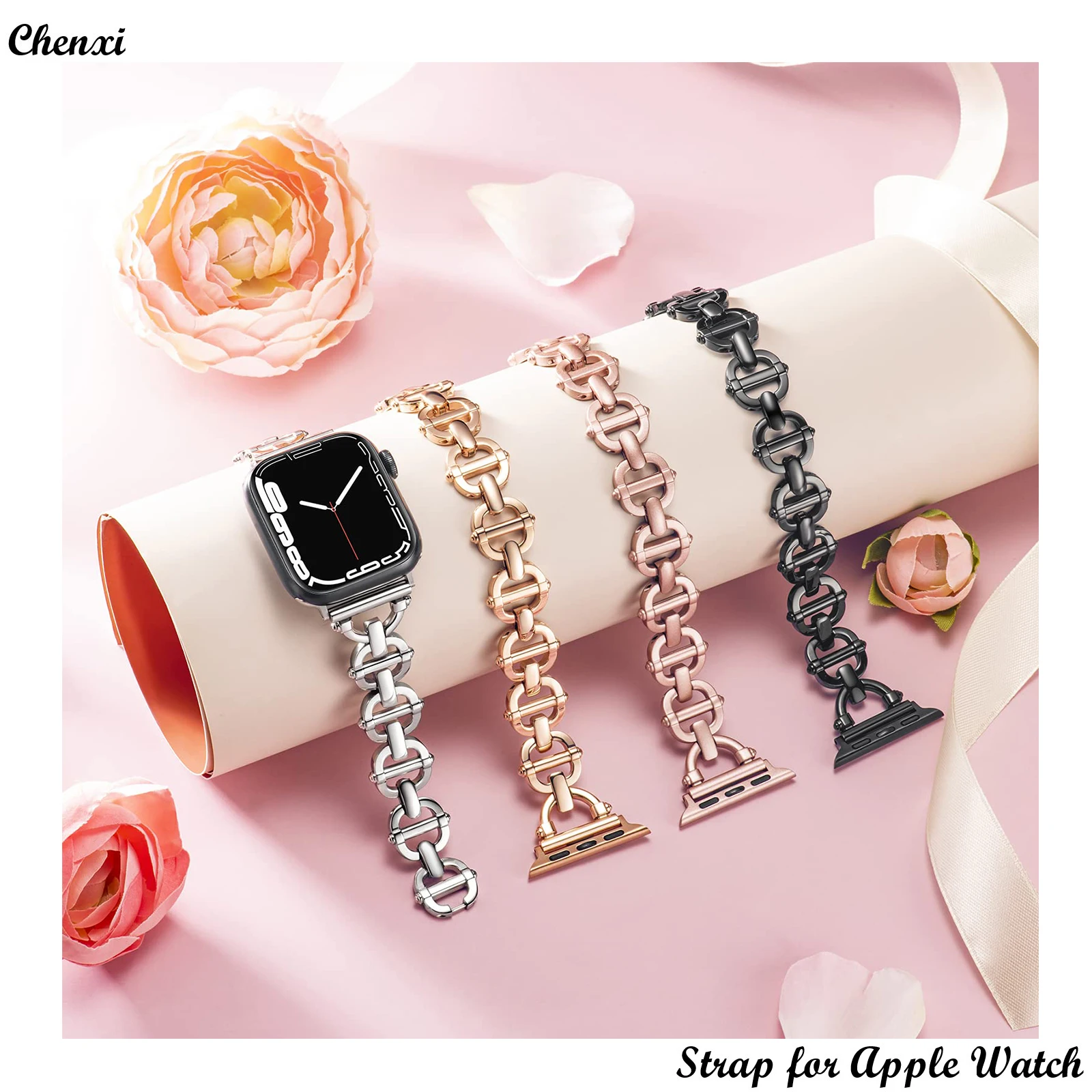 Enlarge Metal strap for Apple watch band S8 fashion bracelet chain for iwatch87654321SE 40/41 simple style strap for Ultra 49mm wrist